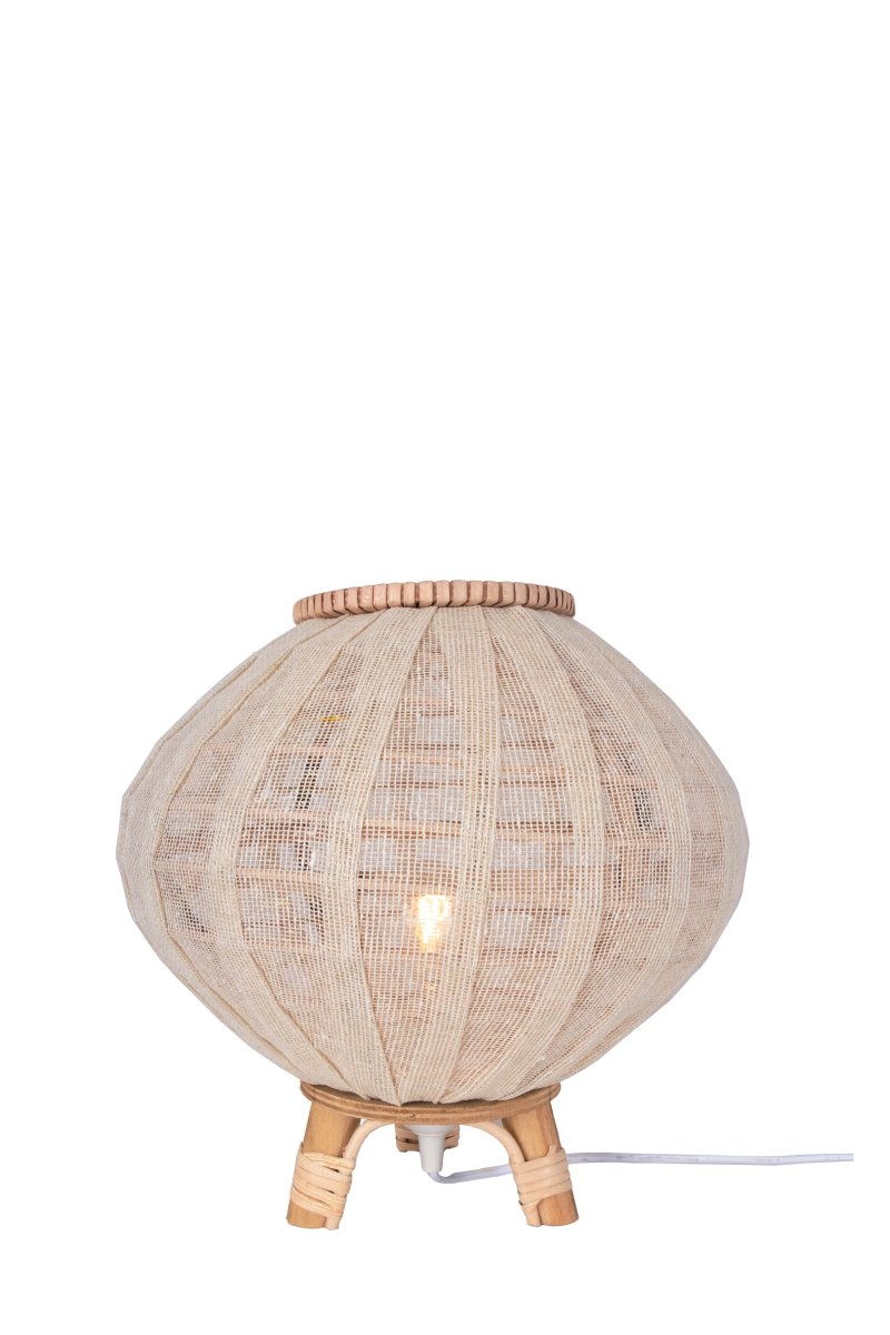Borneo 37cm Luonto pöytävalaisin valmistajalta Globen Lighting - Valaisin on valmistettu luonnonvärisestä rottinki- ja luonnonvalkoisesta pellavakankaasta ja siinä on 200 cm pitkä valkoinen tekstiilikaapeli kytkimellä ja pistokkeella.