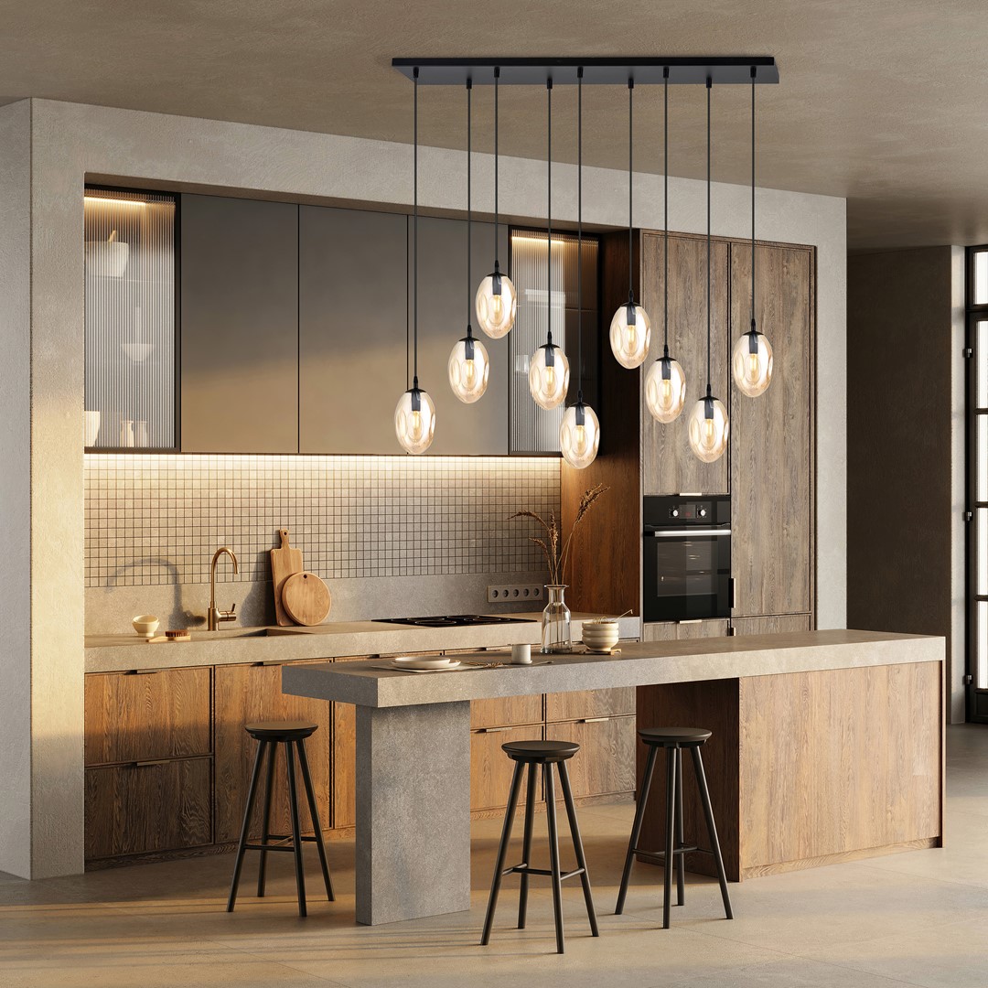 Astral 100cm Keltainen kattovalaisin valmistajalta Emibig Lighting - Runsas muotoilu useilla riippuvalaisimilla tarjoaa tehokkaan valonleikin, jossa meripihkanväriset lasikuvut levittävät pehmeää ja tunnelmallista hehkua.