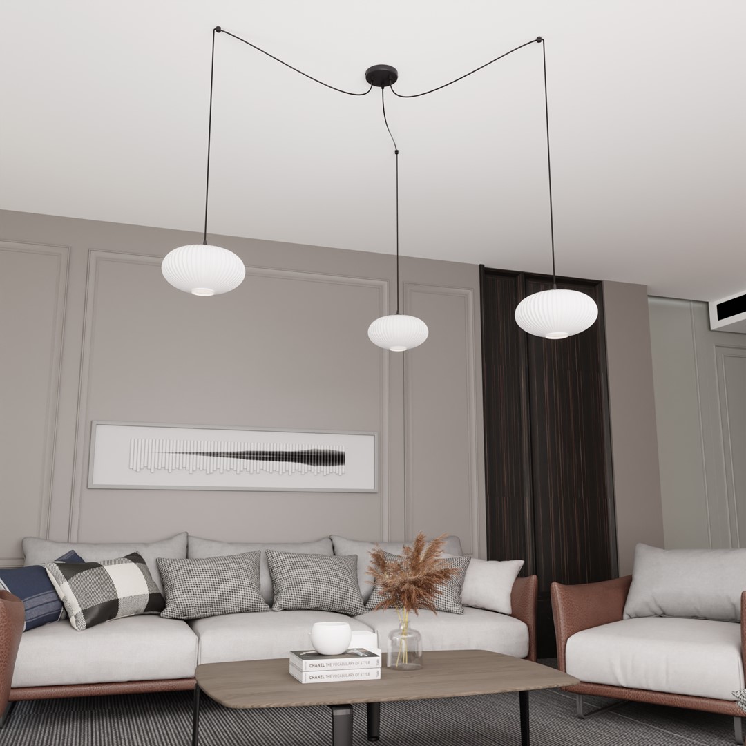 Origo 3xØ30 Valkoinen kattovalaisin valmistajalta Emibig Lighting - Valitset itse kaapeleiden sijainnin ja voit siten p&auml;&auml;tt&auml;&auml;, miss&auml; ja kuinka korkealle suojukset riippuvat.