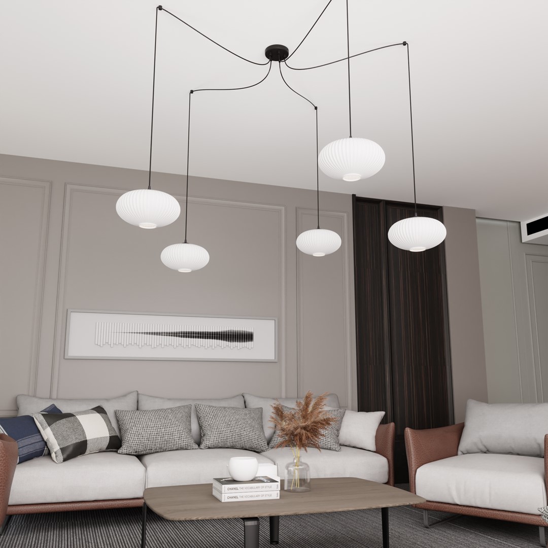 Origo 5xØ30 Valkoinen kattovalaisin valmistajalta Emibig Lighting - Valitset itse kaapeleiden sijainnin ja voit siten p&auml;&auml;tt&auml;&auml;, miss&auml; ja kuinka korkealle suojukset riippuvat.