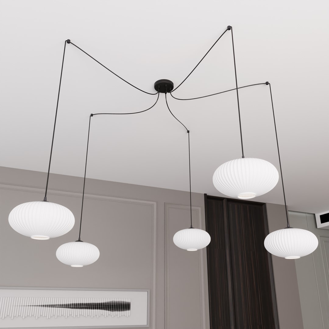 Origo 5xØ30 Valkoinen kattovalaisin valmistajalta Emibig Lighting - Valitset itse kaapeleiden sijainnin ja voit siten p&auml;&auml;tt&auml;&auml;, miss&auml; ja kuinka korkealle suojukset riippuvat.