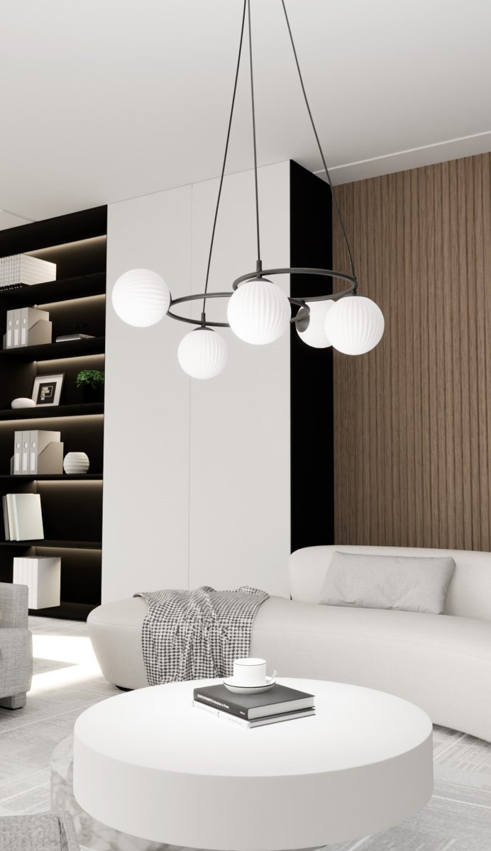 Libra 70cm Valkoinen kattovalaisin valmistajalta Emibig Lighting - sormukset antavat kevyen ja harmonisen ilmeen, kun taas opaalilasikuvut levitt&auml;v&auml;t h&auml;ik&auml;isem&auml;t&ouml;nt&auml; ja miellytt&auml;v&auml;&auml; valoa, joka luo kodikkaan tunnelman.