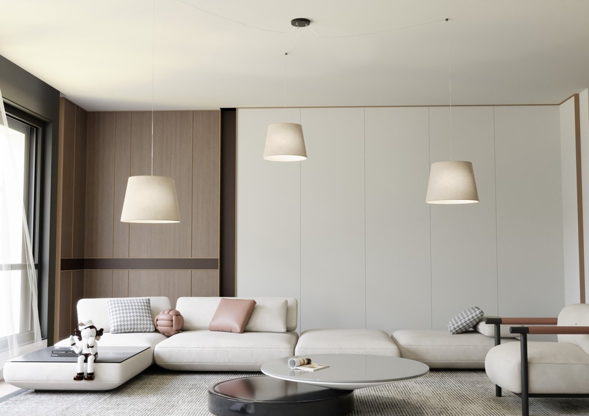 Ascot 3xØ38 Beige kattovalaisin valmistajalta Emibig Lighting - Valitset itse kaapeleiden sijainnin ja voit siten p&auml;&auml;tt&auml;&auml;, miss&auml; ja kuinka korkealle suojukset riippuvat.