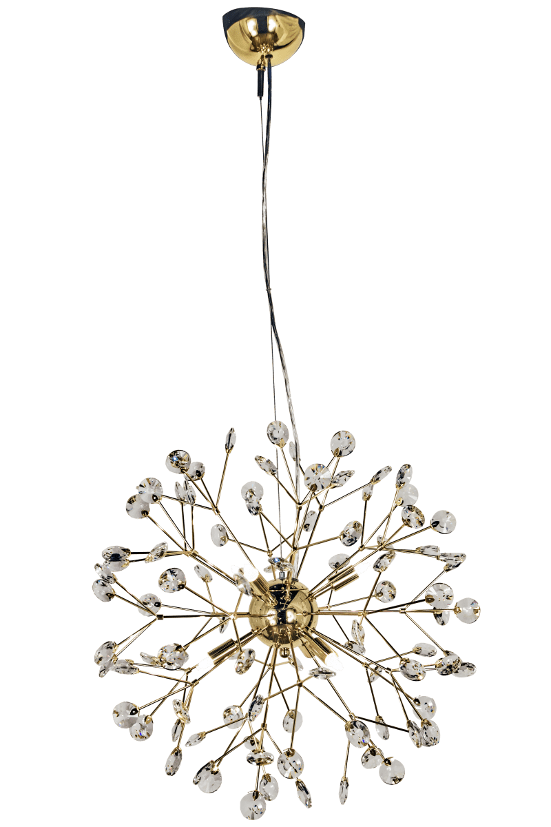 Viva Ø55 Messinki kattovalaisin valmistajalta Aneta Lighting - Lamppu on 6 x 25W G9:lle ja levittää upeaa valoa kiteiden läpi lampun ollessa päällä, hehkulamput eivät sisälly hintaan.