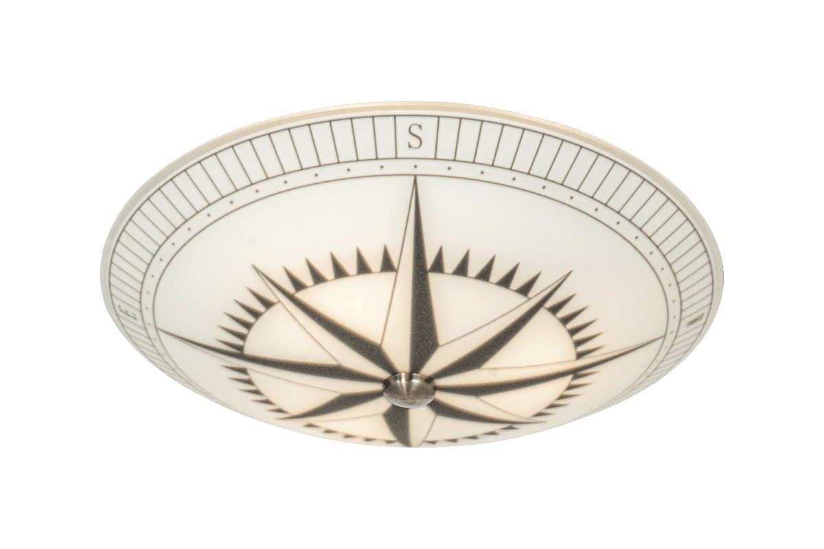 Kompass Ø42 Valkoinen plafondi valmistajalta Aneta Lighting - Kompassikatto, jossa kevyt kuoren muotoinen kuviollinen lasi ja metalliset yksityiskohdat.