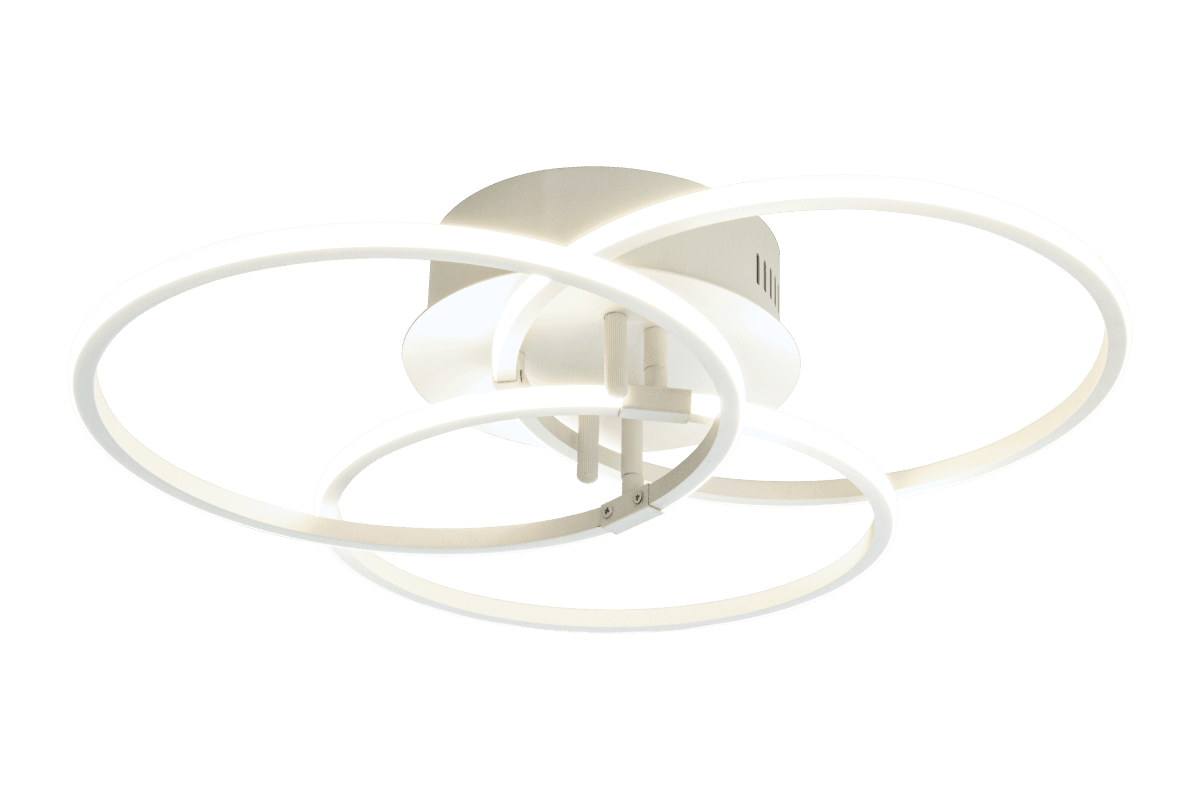 Ringo 45cm Valkoinen plafondi valmistajalta Aneta Lighting - RINGO-plafoni, jossa on kolme toisiinsa kietottua valkoiseksi lakattua metallirengasta.