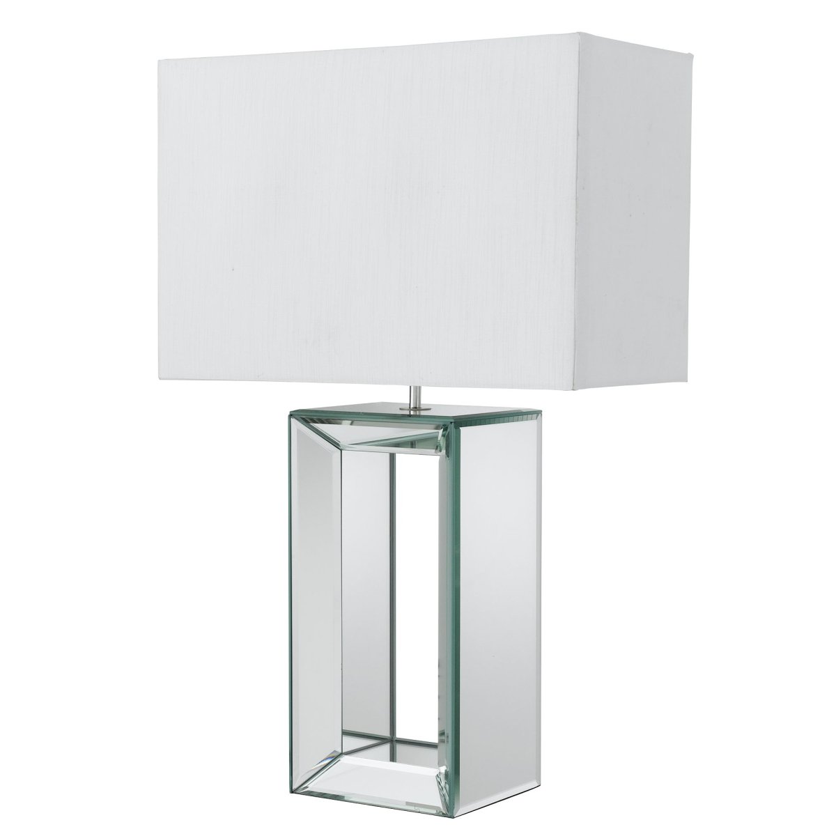 Mirror 58cm Valkoinen pöytävalaisin valmistajalta Searchlight - Tässä korkeassa pöytävalaisimessa on silmiinpistävä kiinteä peilijalusta ja se on yhdistetty suorakaiteen muotoiseen valkoiseen tekosilkkivarjostimeen.