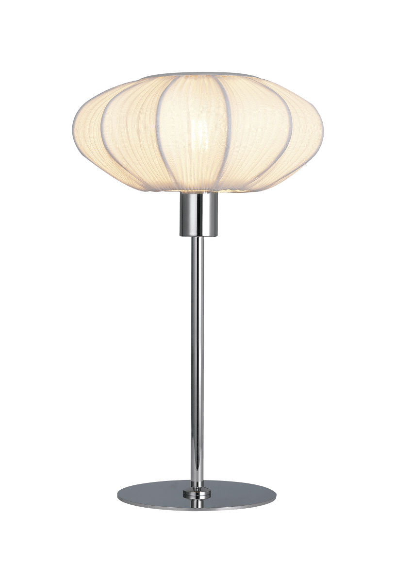 Mamsell 37cm Kromi pöytävalaisin valmistajalta Aneta Lighting - Mamsell-pöytävalaisin on päällystetty hienoksi laskostetulla joustavalla kankaalla, joka antaa miellyttävän hieman himmeän valon.