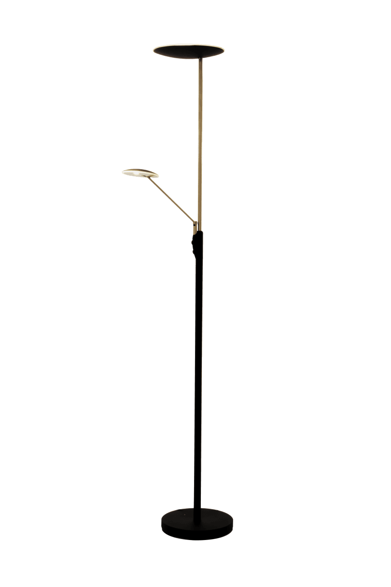 Cadiz Musta/messinki lattiavalaisin valmistajalta Aneta Lighting - Valo sytytetään ja sammutetaan kahdella lampun himmentimellä, joista toinen säätelee valoa yläosassa ja toinen lukuvarrelle, jota voidaan myös säätää.