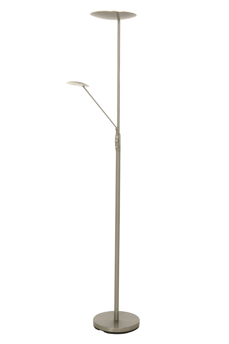 Cadiz Teräs lattiavalaisin valmistajalta Aneta Lighting - Valo syttyy; ja pois tv&aring; lampun himmentimet, yksi joka s&auml;&auml;telee valoa yl&auml;osassa ja toinen nahkavarrelle, jota voidaan my&ouml;s s&auml;&auml;t&auml;&auml;.