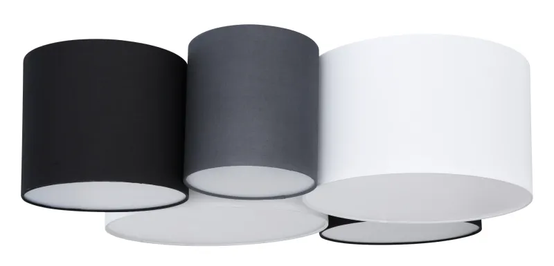 Makki 90cm Monivärinen plafondi valmistajalta Globo Lighting - Lampan har en unik design med fem cylindriska textilsk&auml;rmar i olika storlekar, varav tv&aring; &auml;r vita, tv&aring; svarta och en gr&aring;.