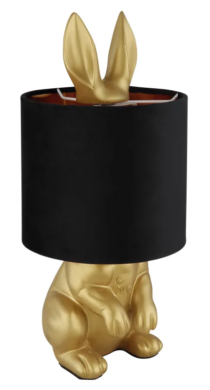 Rabbit 40cm Kulta pöytävalaisin valmistajalta Globo Lighting - Med en guldf&auml;rgad kaninfigur som bas och en elegant svart sammetsk&auml;rm kombinerar den lekfull design med sofistikerad stil.