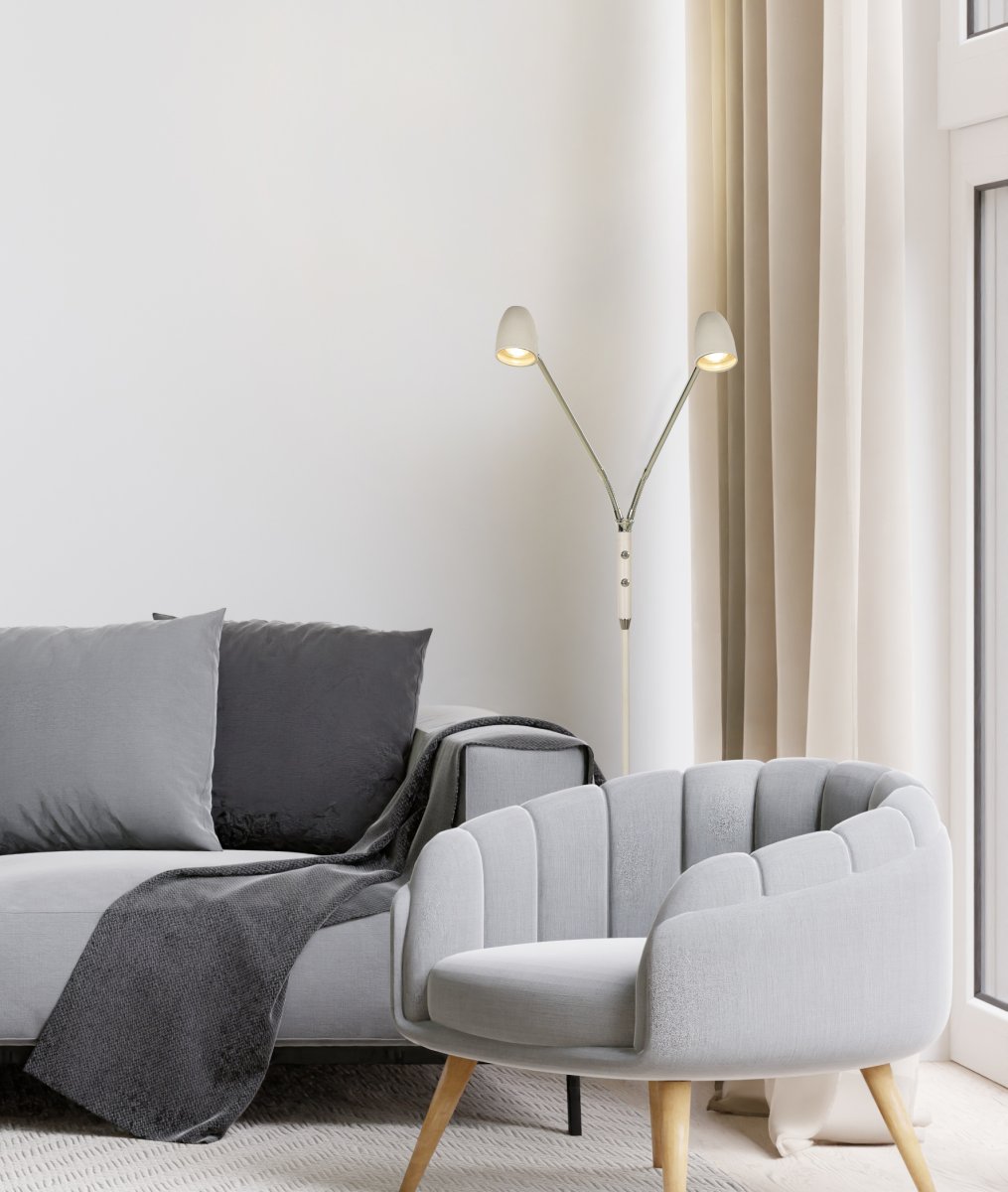 Sandnes 2 Valkoinen lattiavalaisin valmistajalta Aneta Lighting - TV&aring; joustavat varret tekev&auml;t siit&auml; t&auml;ydellisen lukuvaloksi ja siin&auml; on kaksi erillist&auml; virtakytkint&auml; sis&auml;&auml;nrakennetulla himmentimell&auml;, mik&auml; mahdollistaa kirkkauden s&auml;&auml;t&auml;misen tarpeen mukaan.