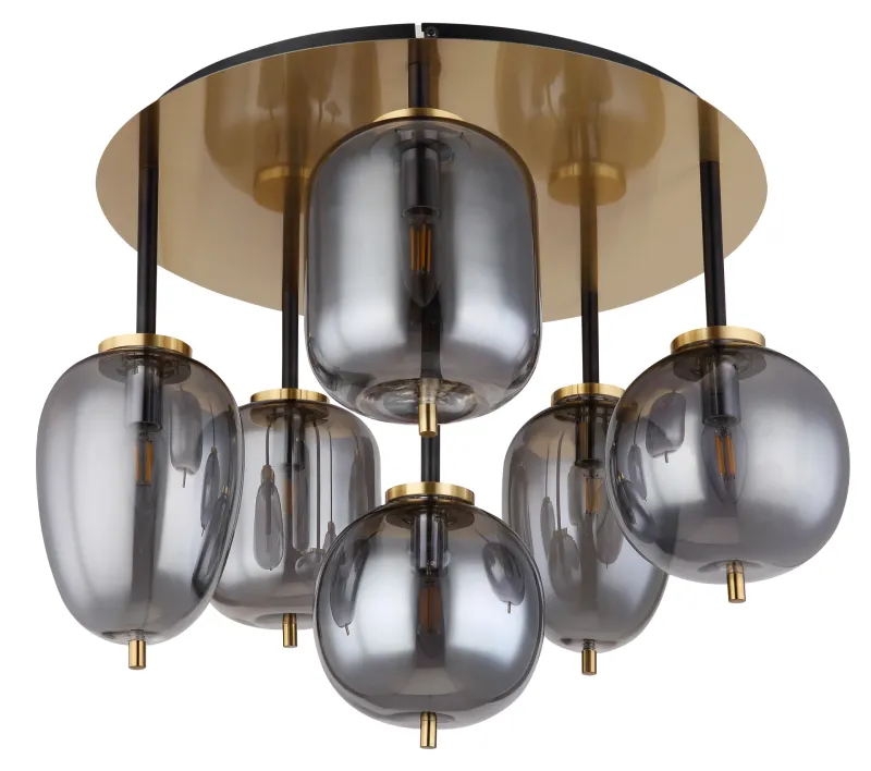 Blacky Ø63 Messinki plafondi valmistajalta Globo Lighting - Lampan &auml;r utrustad med 6st r&ouml;kf&auml;rgade glaskupor i olika former, som h&auml;nger fr&aring;n taket p&aring; mattsvarta st&auml;nger f&auml;sta vid en m&auml;ssingsf&auml;rgad bas.