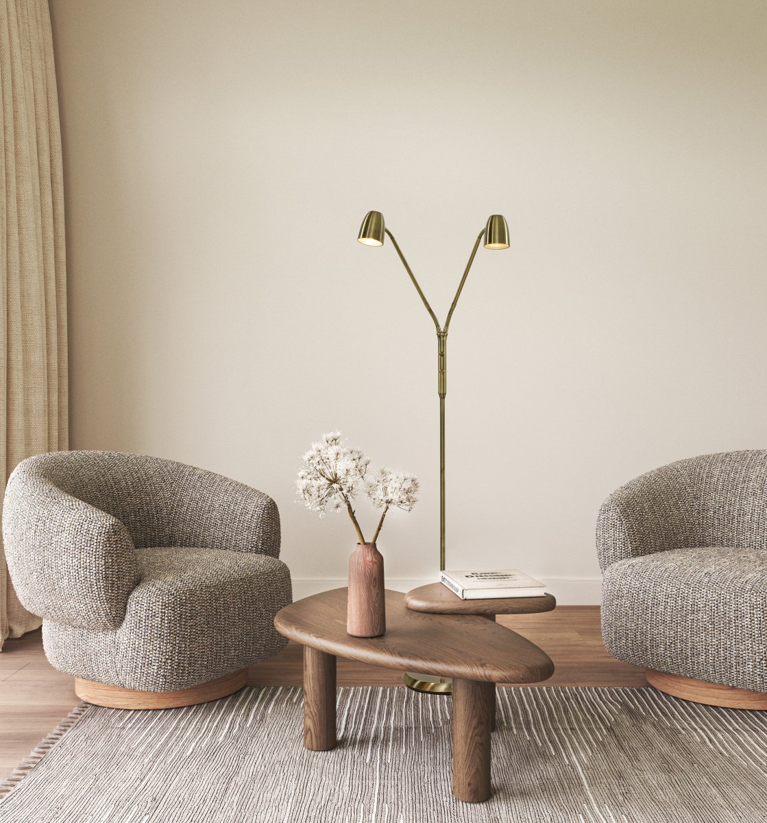 Sandnes 2 Antiikki messinki lattiavalaisin valmistajalta Aneta Lighting - TV&aring; joustavat varret tekev&auml;t siit&auml; t&auml;ydellisen lukuvaloksi ja siin&auml; on kaksi erillist&auml; virtakytkint&auml; sis&auml;&auml;nrakennetulla himmentimell&auml;, mik&auml; mahdollistaa kirkkauden s&auml;&auml;t&auml;misen tarpeen mukaan.