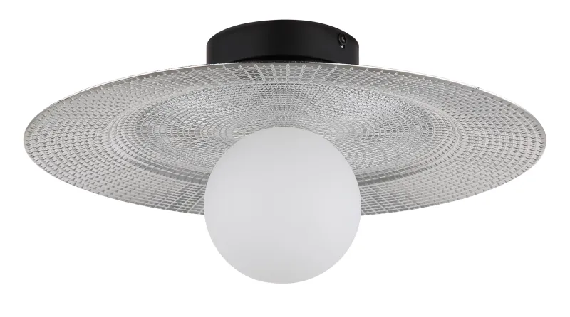 Riga Ø33 Hopea plafondi valmistajalta Globo Lighting - Lampan &auml;r tillverkad av mattsvart metall och den platta sk&auml;rmen i plast med nyanser av svart, silver och opal ger den en modern och sofistikerad design.