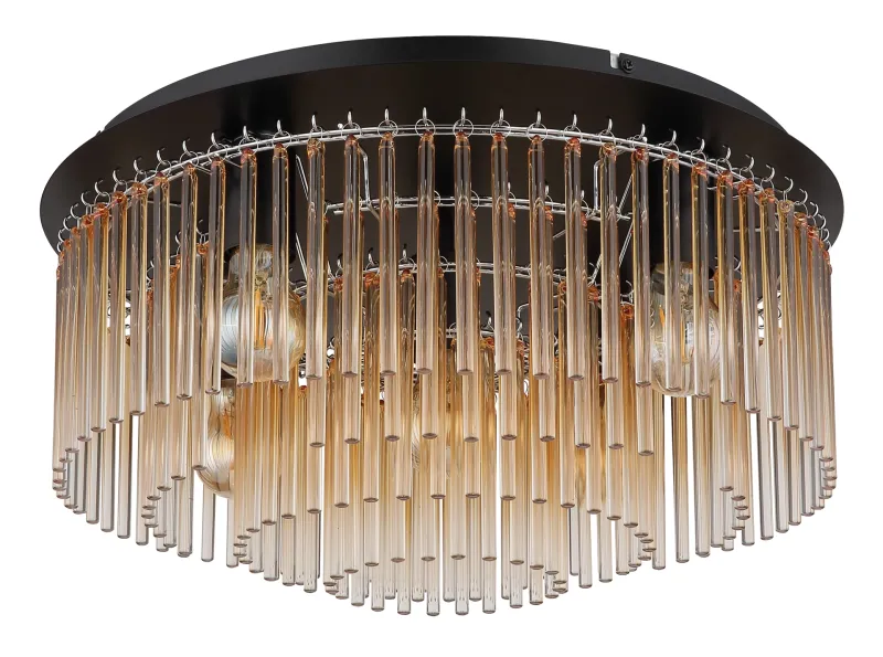 Gorley Ø50 Keltainen plafondi valmistajalta Globo Lighting - Dess design imponerar med en stilfull kombination av mattsvart metall och dekorativa stavar i klart och amberf&auml;rgat glas.