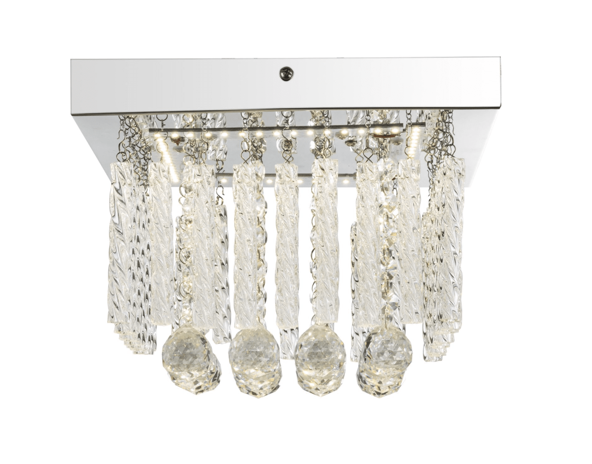 Mathilda 25cm Kromi plafondi valmistajalta Globo Lighting - Neli&ouml;nmuotoinen muotoilu yhdist&auml;&auml; krominv&auml;risen jalan kauniisti roikkuviin lasitankoihin ja kimalteleviin kristalleihin, luoden tyylikk&auml;&auml;n ja eksklusiivisen tunnelman huoneeseen.