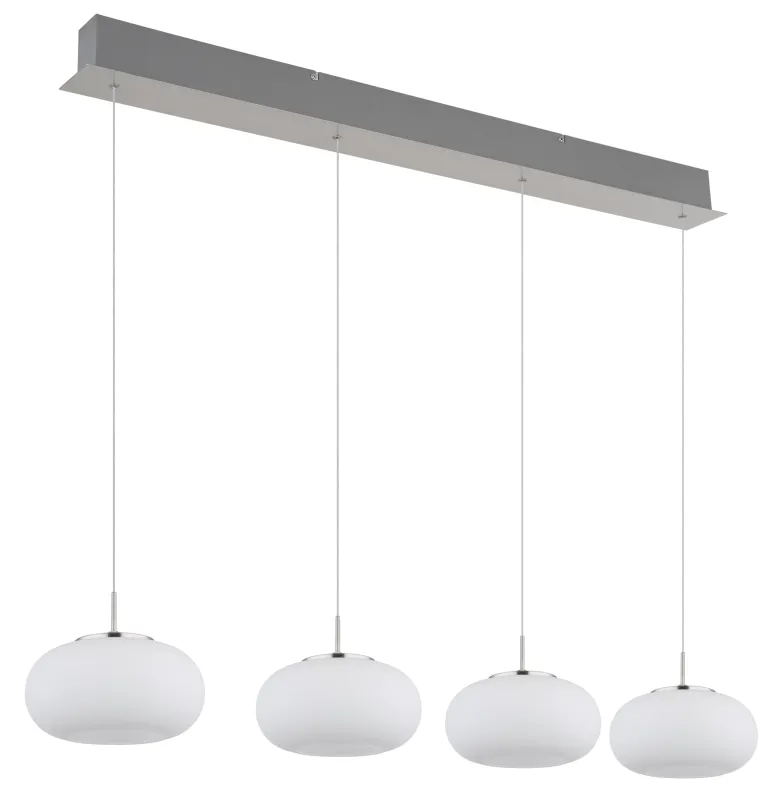 Quintara 110cm Nikkeli kattovalaisin valmistajalta Globo Lighting - Quintara&nbsp;&auml;r en stilren och modern takpendel med en rak metallram och fyra runda, sf&auml;riska glaskupor.