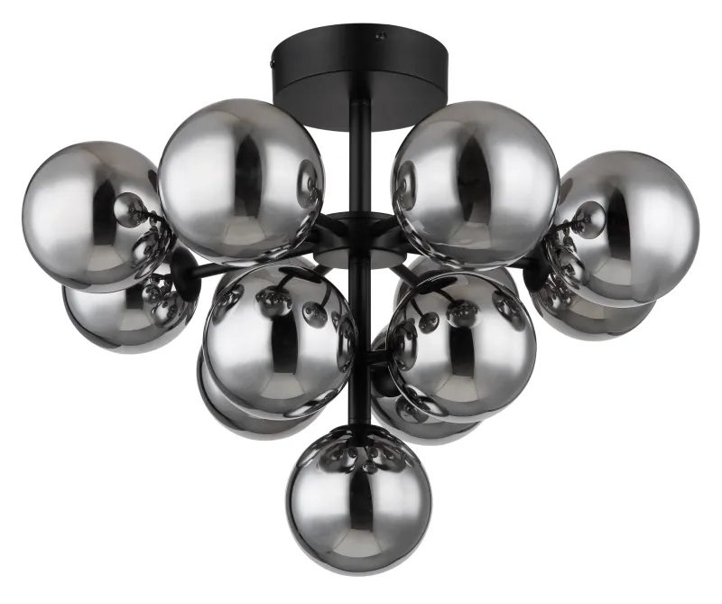 Grappy Ø56 Savun värinen plafondi valmistajalta Globo Lighting - Grappy plafond blir en stilfull och lyxig detalj i varje rum med sin glamor&ouml;sa design och de 13st r&ouml;kf&auml;rgade glaskulorna.