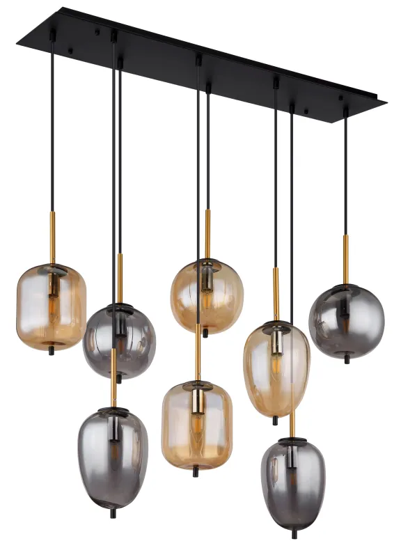 Blacky 102cm Keltainen kattovalaisin valmistajalta Globo Lighting - De &aring;tta r&ouml;k- och amberf&auml;rgade glasgloberna i olika former h&auml;nger fr&aring;n en svart, rektangul&auml;r takplatta och kan justeras upp till 120 cm fr&aring;n taket.