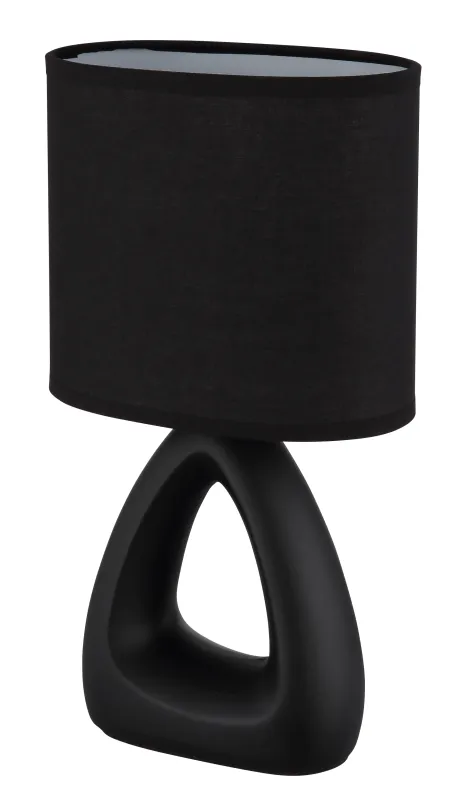 Triangle 30cm Musta pöytävalaisin valmistajalta Globo Lighting - Den triangelformade basen med ett stilrent utskuret h&aring;l ger ett modernt intryck, medan den ovala textilsk&auml;rmen i svart f&auml;rg sprider ett behagligt och j&auml;mnt ljus.