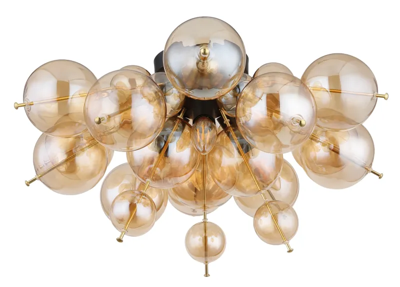 Udo Ø55 Keltainen plafondi valmistajalta Globo Lighting - Dess unika design utm&auml;rks av en rund form d&auml;r guldf&auml;rgade metallstavar elegant sammanl&auml;nkas med varmt b&auml;rnstensf&auml;rgade glasklot i olika storlekar.