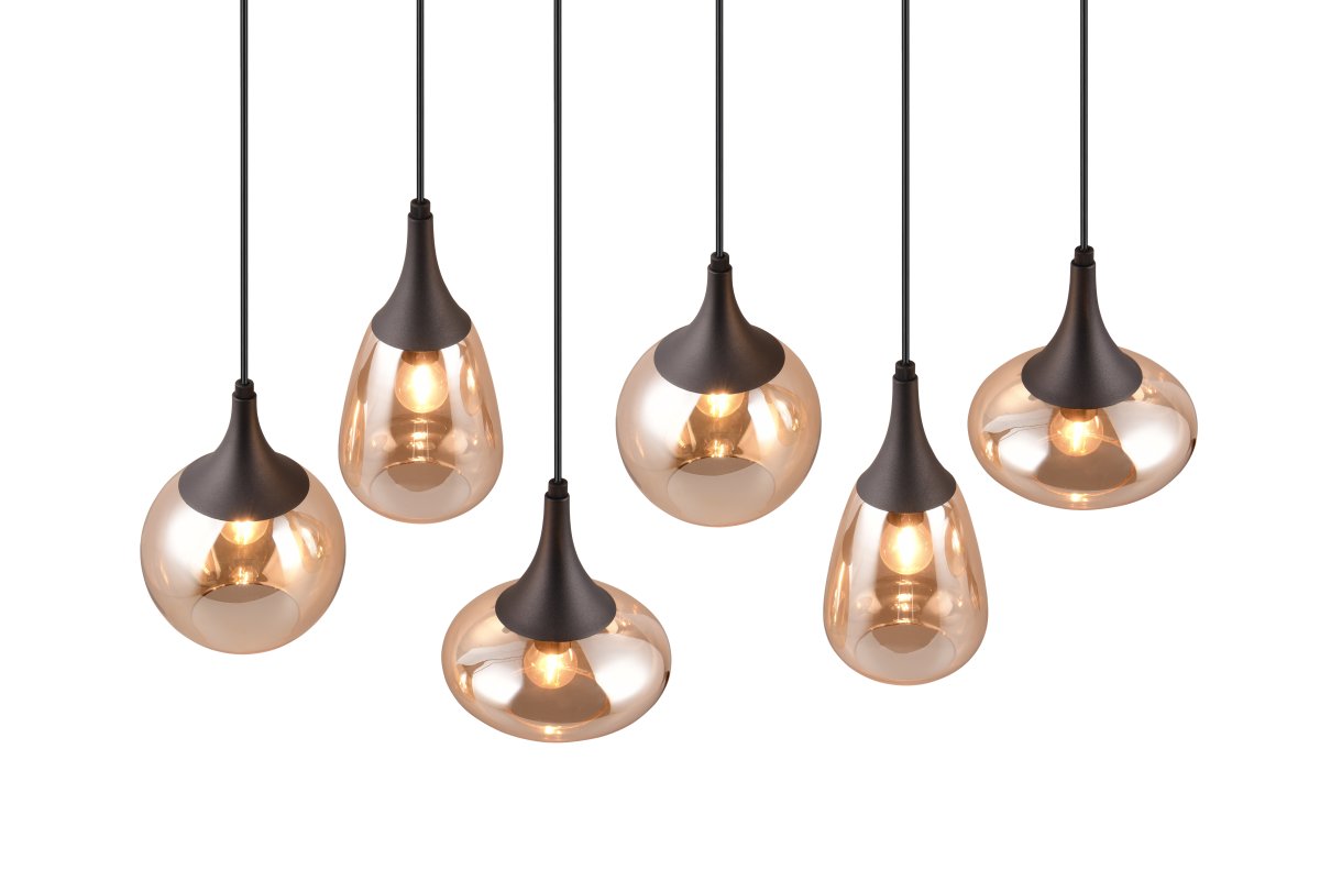 Lumina 93cm Keltainen kattovalaisin valmistajalta Trio Lighting - Kolmen varjostimen eri muodot sek&auml; metallin ja meripihkanv&auml;risen lasin yhdistelm&auml; luovat l&auml;mpim&auml;n ja kutsuvan valotunnelman.