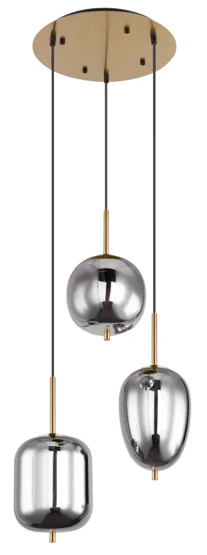 Blacky Ø46 Messinki kattovalaisin valmistajalta Globo Lighting - Den best&aring;r av en rund m&auml;ssingsf&auml;rgad metallplatta, fr&aring;n vilken tre svarta kablar med r&ouml;kf&auml;rgade glasglober i olika former h&auml;nger.