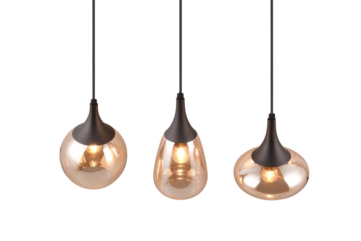 Lumina 68cm Keltainen kattovalaisin valmistajalta Trio Lighting - Kolmen varjostimen eri muodot sekä metallin ja meripihkanvärisen lasin yhdistelmä luovat lämpimän ja kutsuvan valotunnelman.