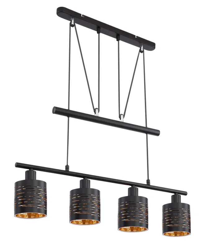 Tunno 70cm Musta kattovalaisin valmistajalta Globo Lighting - Perfekt f&ouml;r k&ouml;k eller vardagsrum, d&auml;r dess dekorativa utsk&auml;rningar, form och guldf&auml;rgade insida skapar en varm och inbjudande atmosf&auml;r.