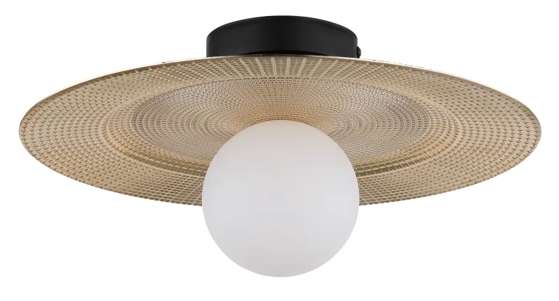 Riga Ø33 Kulta plafondi valmistajalta Globo Lighting - Lampan &auml;r tillverkad av mattsvart metall och den platta sk&auml;rmen i plast med nyanser av svart, guld och opal ger den en modern och sofistikerad design.