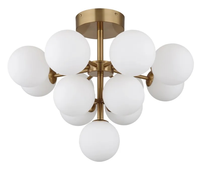 Grappy Ø56 Kulta plafondi valmistajalta Globo Lighting - Grappy plafond i guldf&auml;rgad metall blir en stilfull och lyxig detalj i varje rum med sin glamor&ouml;sa design och de 13st opalf&auml;rgade glaskulorna.