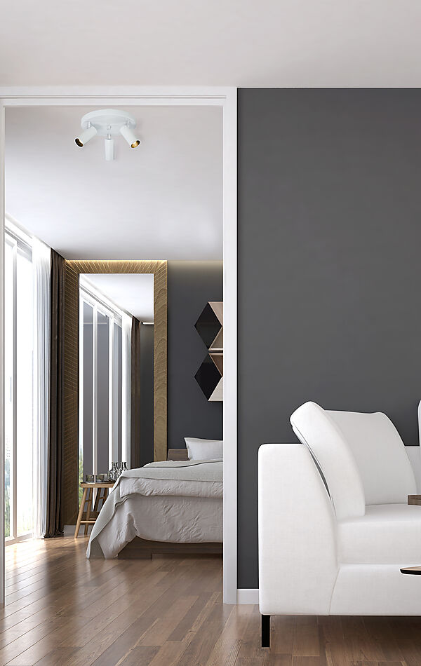 Concord 3 Valkoinen kohdevalaisin valmistajalta Aneta Lighting - Concord on tyylik&auml;s ja k&auml;yt&auml;nn&ouml;llinen h&auml;ik&auml;isem&auml;t&ouml;n kattovalaisin mattalakatusta metallista, joka sopii t&auml;ydellisesti useimpiin koteihin.