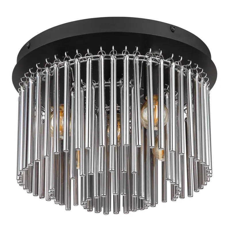 Gorley Ø32 Savun värinen plafondi valmistajalta Globo Lighting - Dess design imponerar med en stilfull kombination av mattsvart metall, gl&auml;nsande krom och r&ouml;kf&auml;rgade glasstavar.