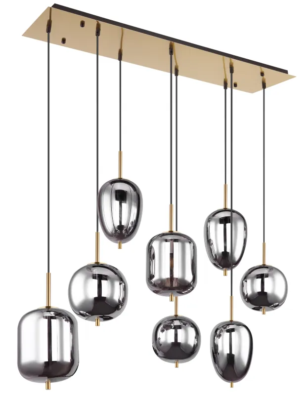 Blacky 102cm Messinki kattovalaisin valmistajalta Globo Lighting - Den 102,5 cm l&aring;nga pendellampan har en rektangul&auml;r m&auml;ssingsf&auml;rgad metallplatta, fr&aring;n denna h&auml;nger &aring;tta svarta kablar med runda, r&ouml;kf&auml;rgade glasglober i olika former.