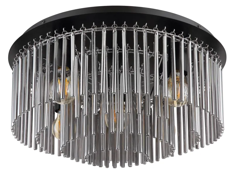 Gorley Ø50 Savun värinen plafondi valmistajalta Globo Lighting - Dess design imponerar med en stilfull kombination av mattsvart metall, gl&auml;nsande krom och r&ouml;kf&auml;rgade glasstavar.