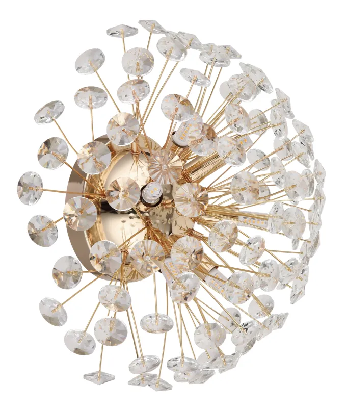 Katrina Ø40 Kulta seinävalaisin valmistajalta Globo Lighting - Den runda stommen i guldf&auml;rgad metall och den halvsf&auml;riska sk&auml;rmen i klara K9-kristaller skapar en lyxig och inbjudande atmosf&auml;r.