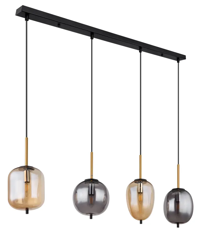 Blacky 110cm Keltainen kattovalaisin valmistajalta Globo Lighting - De fyra r&ouml;k- och amberf&auml;rgade glasgloberna i olika former h&auml;nger fr&aring;n en svart, rektangul&auml;r takplatta och kan justeras upp till 120 cm fr&aring;n taket.