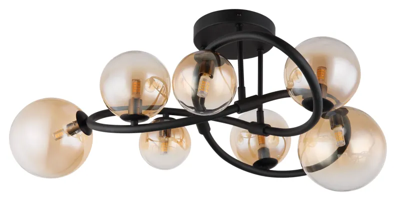 Tuberius Ø62 Keltainen plafondi valmistajalta Globo Lighting - Lampan &auml;r tillverkad av mattsvart metall och &auml;r smyckad med 7st glas i en&nbsp;mjuk b&auml;rnstensf&auml;rgad ton, vilket skapar en st&auml;mningsfull ljusspridning.