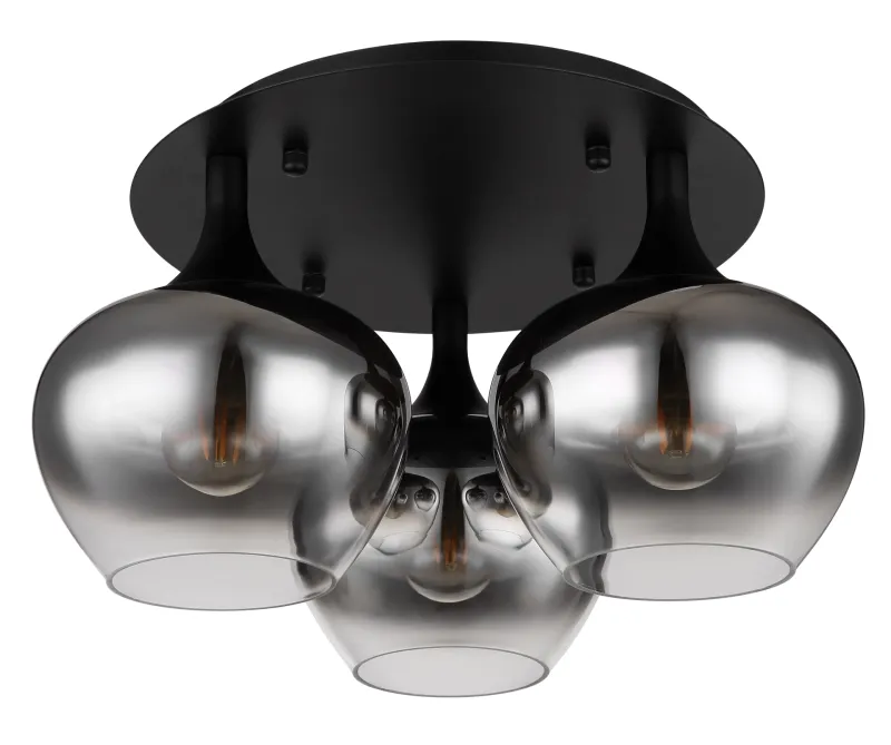 Maxy Ø45 Savun värinen plafondi valmistajalta Globo Lighting - P&aring; en rund takplatta av matttsvart metall sitter tre vackert formade r&ouml;kf&auml;rgade glaskupor.