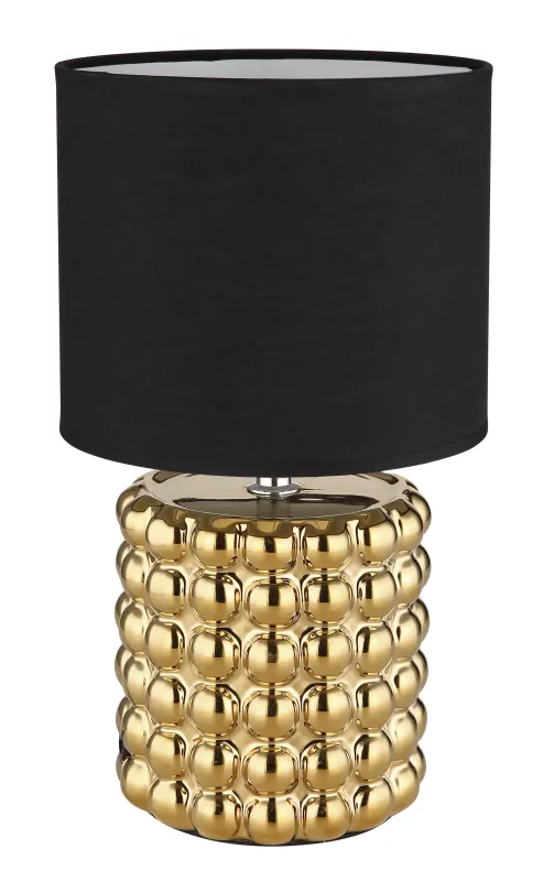 Valentino 33cm Kulta pöytävalaisin valmistajalta Globo Lighting - P&aring; en cylinderformad fot i guldf&auml;rgad keramik vilar en stilren, svart textilsk&auml;rm.