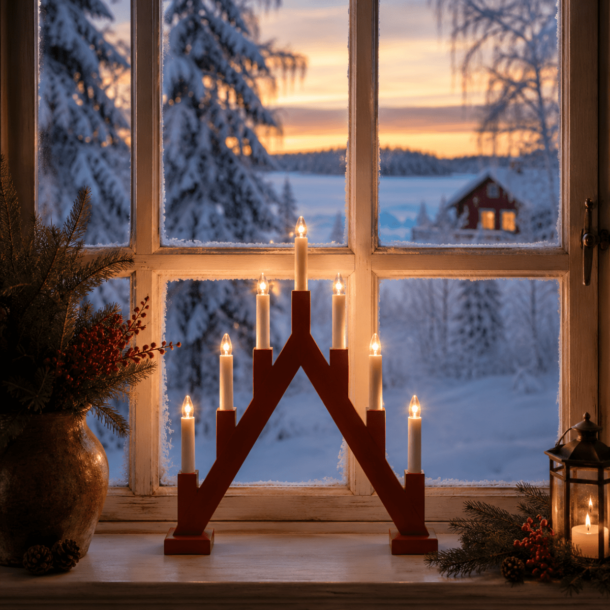 Ellen PUNAINEN valmistajalta Pixie Design - Ellen on klassinen puinen kynttil&auml;njalka, jossa on tummanruskea viimeistely ja koristeellinen, ter&auml;v&auml; muoto, joka tuo mieleen perinteiset adventtikynttil&auml;njalat.