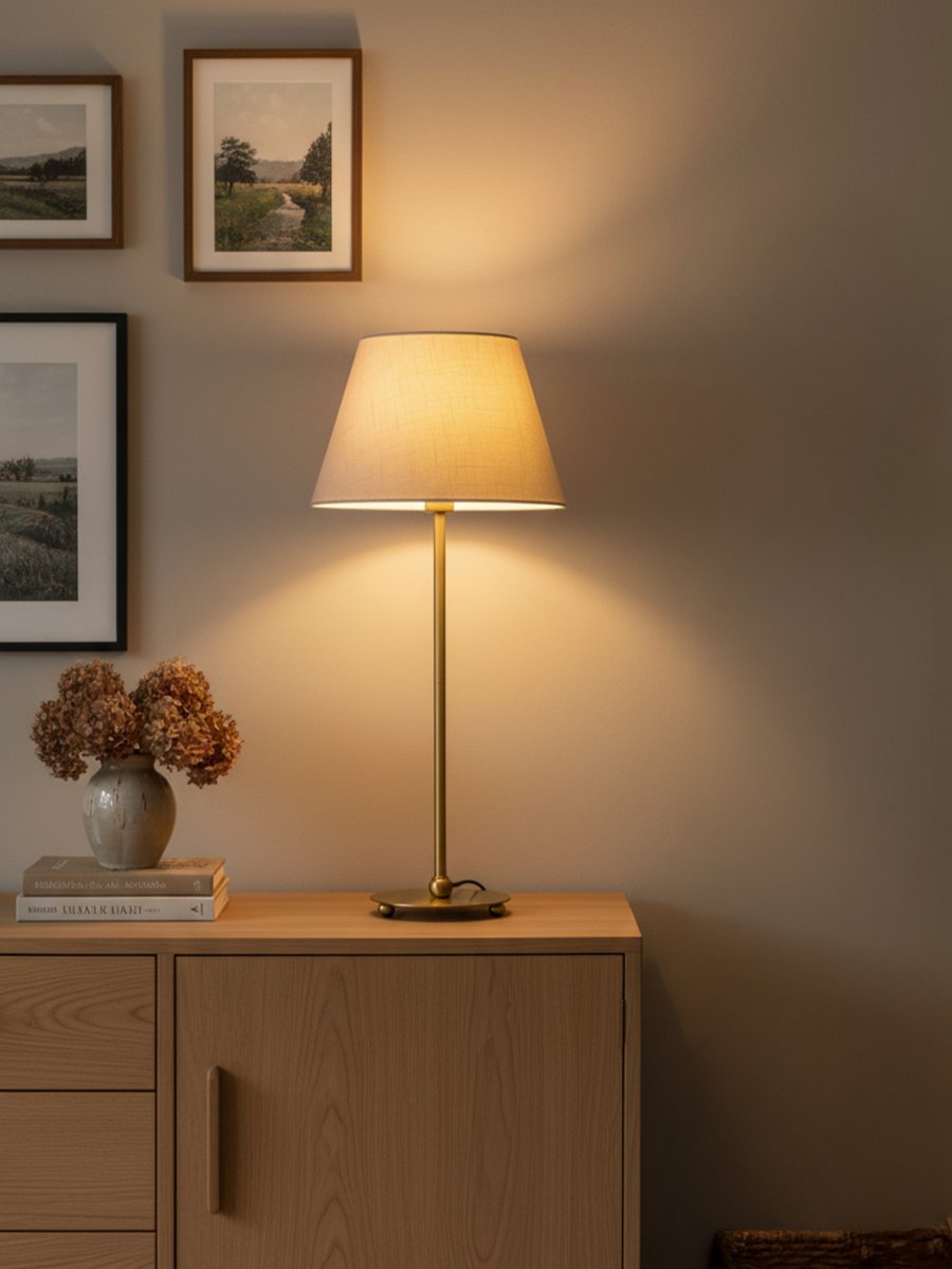 Julie 52cm Messinki/valkoinen pöytävalaisin valmistajalta PR Home - Siin&auml; on kaunis messinginkuosi ja valkoinen, soikea varjostin, jossa on klassinen muoto, mik&auml; antaa valaisimelle ajattoman ja harmonisen ilmeen.