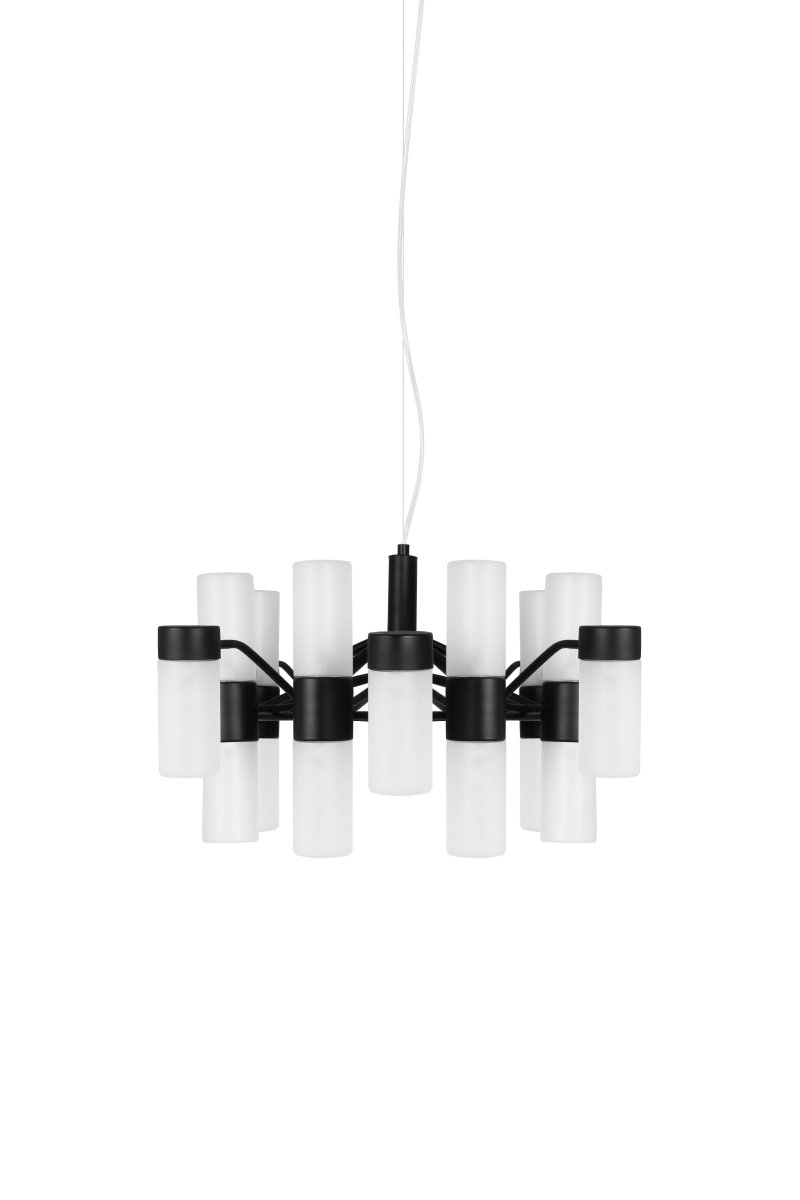 Santa Maria Ø57 Musta kattovalaisin valmistajalta Globen Lighting - Valaisin on valmistettu mattamustasta lakatusta metallista ja siinä on 18 lasikupua himmeä lasia, mikä tarkoittaa, että kauniit valopisteet näkyvät lasin läpi, kun lamppu kytketään päälle.