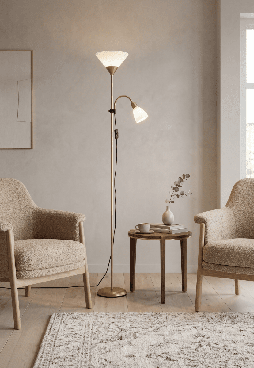 Vigo Messinki lattiavalaisin valmistajalta Aneta Lighting - Metallirungossa on matta messinkipinta ja sit&auml; t&auml;ydent&auml;v&auml;t valkoiset muovikuvut, jotka luovat kirkkaan ja ajattoman ilmeen.