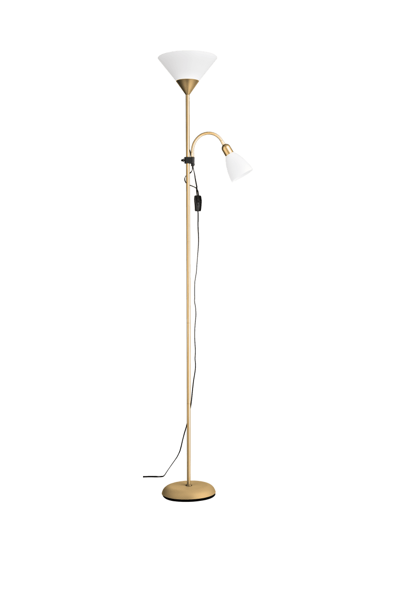 Vigo Messinki lattiavalaisin valmistajalta Aneta Lighting - Metallirungossa on matta messinkipinta ja sit&auml; t&auml;ydent&auml;v&auml;t valkoiset muovikuvut, jotka luovat kirkkaan ja ajattoman ilmeen.