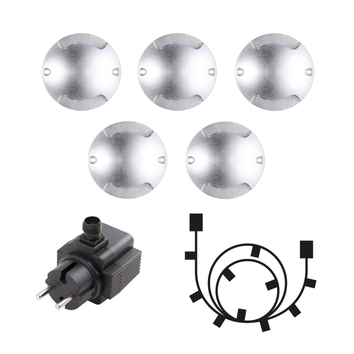 Zenit Duo 5 Hopea valmistajalta Lightson - Paketti sis&auml;lt&auml;&auml; viisi Zenit Duota, muuntajan ja 10 metrin haarakaapelin, jotta voit helposti koota kaiken.