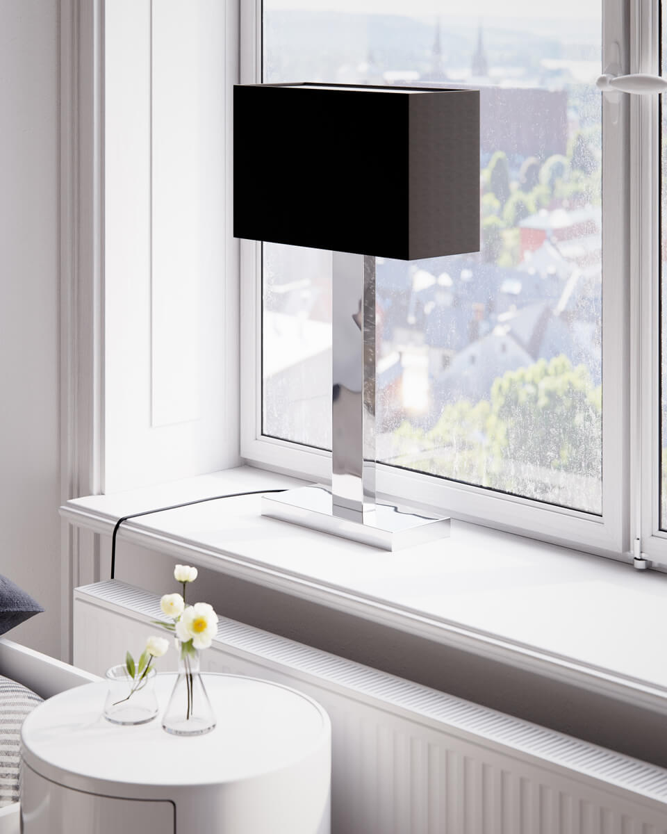 Prime 70cm Kromi pöytävalaisin valmistajalta By Rydéns - Tutustu Prime-p&ouml;yt&auml;valaisimen metalli- ja kangasvarjostimella tarjoamiin mahdollisuuksiin ja anna sen elegantin muotoilun ja l&auml;mpim&auml;n valaistuksen korostaa suurta ikkunaasi ja luoda kutsuva tunnelma kotiisi.