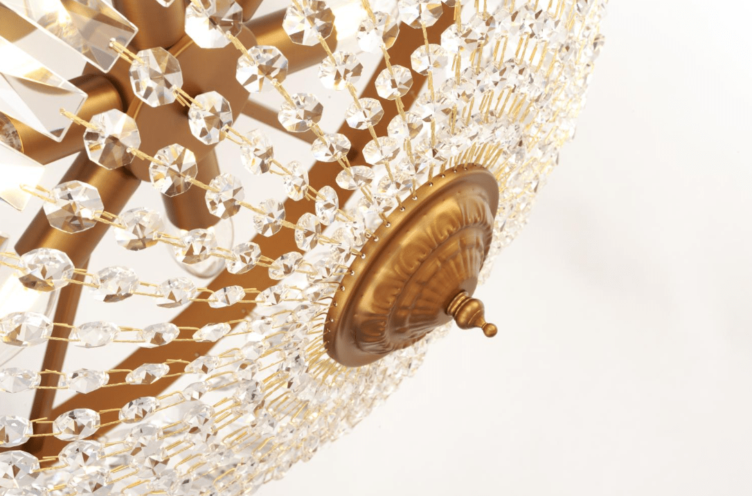 Rhea Ø50 Harjattua messinkiä kristalli valmistajalta Norrsken Design - Se antaa huoneelle ylellisen ja elegantin ilmeen ja luo hienostuneen tunnelman.